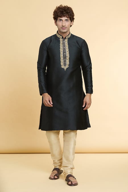 Buy_Arihant Rai Sinha_Black Jacquard, Silk Zari Embroidered Placket Kurta _Online_at_Aza_Fashions