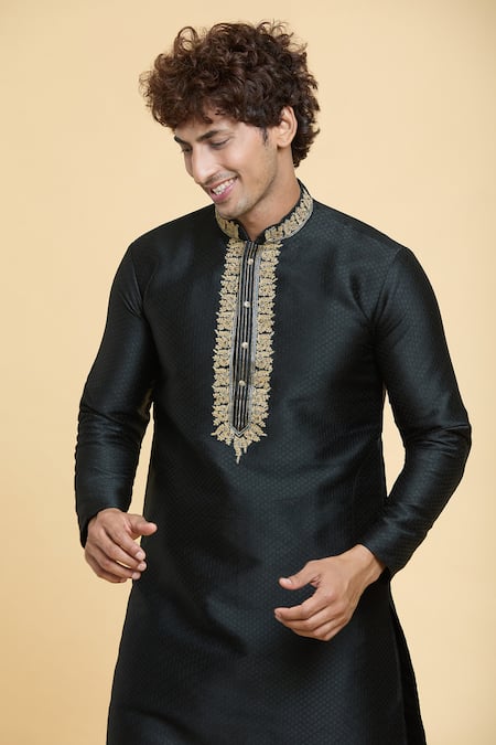 Shop_Arihant Rai Sinha_Black Jacquard, Silk Zari Embroidered Placket Kurta _Online_at_Aza_Fashions