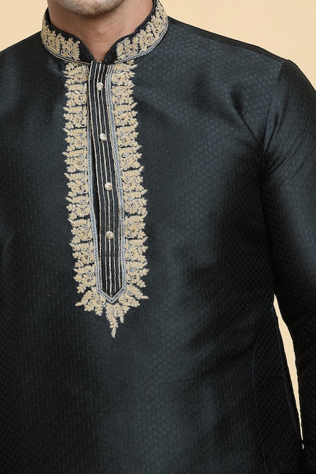 Arihant Rai Sinha_Black Jacquard, Silk Zari Embroidered Placket Kurta _at_Aza_Fashions
