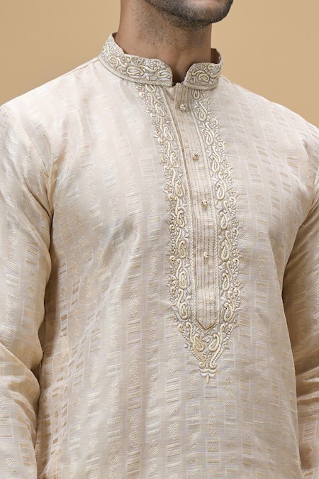 Buy_Arihant Rai Sinha_Beige Jacquard, Silk Embroidery Paisley Placket Kurta _Online_at_Aza_Fashions