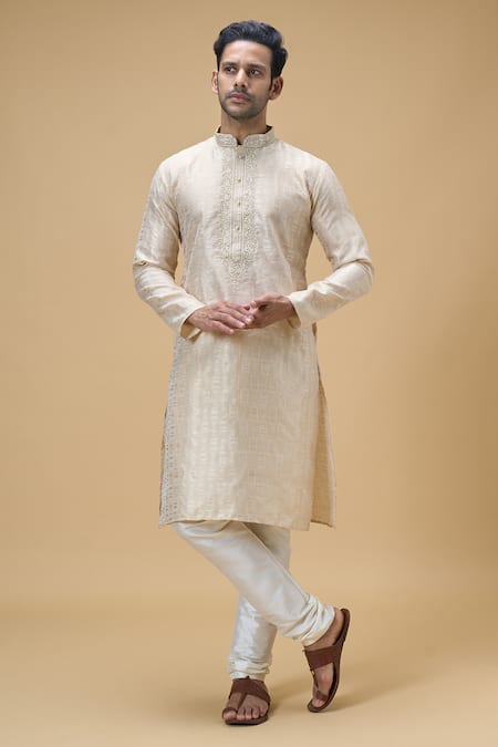 Shop_Arihant Rai Sinha_Beige Jacquard, Silk Embroidery Paisley Placket Kurta _Online_at_Aza_Fashions