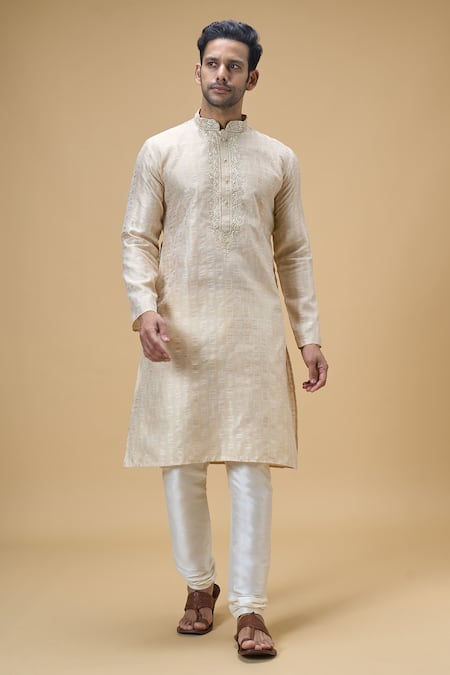 Arihant Rai Sinha_Beige Jacquard, Silk Embroidery Paisley Placket Kurta _at_Aza_Fashions