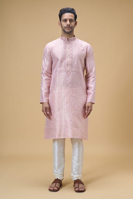 Buy_Arihant Rai Sinha_Peach Jacquard, Silk Embroidery Tonal Paisley Placket Kurta _Online_at_Aza_Fashions
