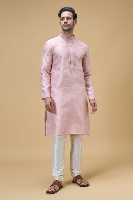 Shop_Arihant Rai Sinha_Peach Jacquard, Silk Embroidery Tonal Paisley Placket Kurta _Online_at_Aza_Fashions