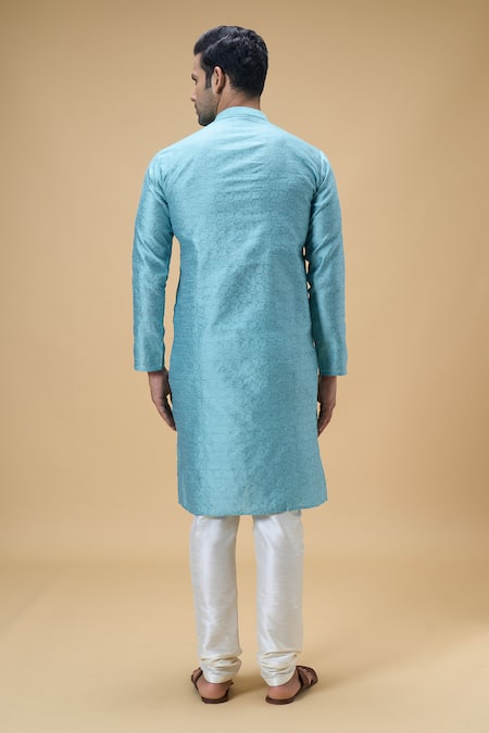 Shop Arihant Rai Sinha Blue Jacquard, Silk Embroidery Floral Pattern Kurta at Aza Fashions Shop_Arihant Rai Sinha_Blue Jacquard, Silk Embroidery Floral Pattern Kurta _at_Aza_Fashions