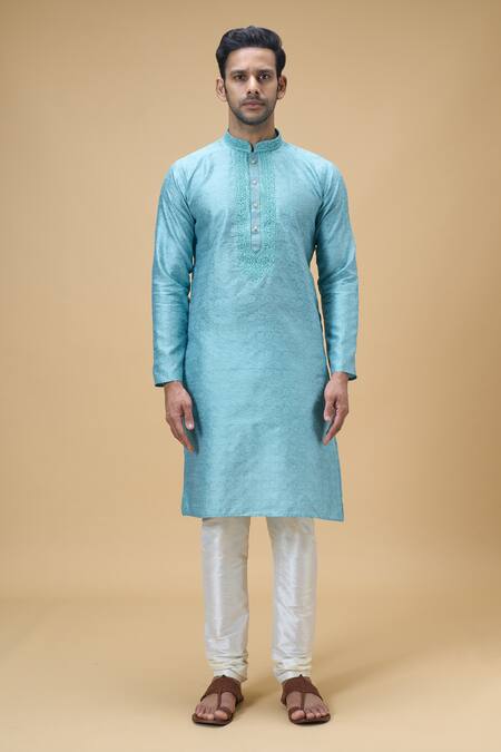 Arihant Rai Sinha Blue Jacquard, Silk Embroidery Floral Pattern Kurta Online at Aza Fashions Arihant Rai Sinha_Blue Jacquard, Silk Embroidery Floral Pattern Kurta _Online_at_Aza_Fashions