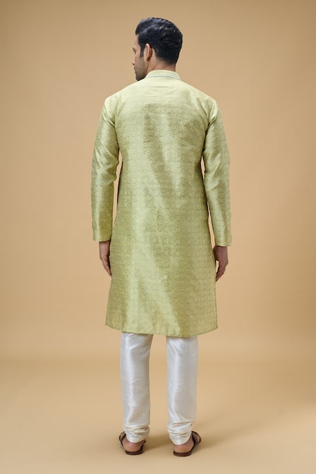 Shop_Arihant Rai Sinha_Green Jacquard, Silk Embroidery Straight Floral Pattern Kurta _at_Aza_Fashions