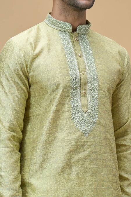 Arihant Rai Sinha_Green Jacquard, Silk Embroidery Straight Floral Pattern Kurta _Online_at_Aza_Fashions