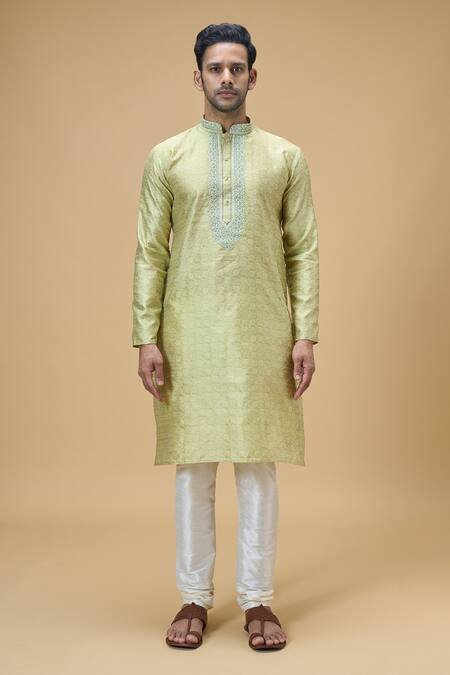 Buy_Arihant Rai Sinha_Green Jacquard, Silk Embroidery Straight Floral Pattern Kurta _Online_at_Aza_Fashions