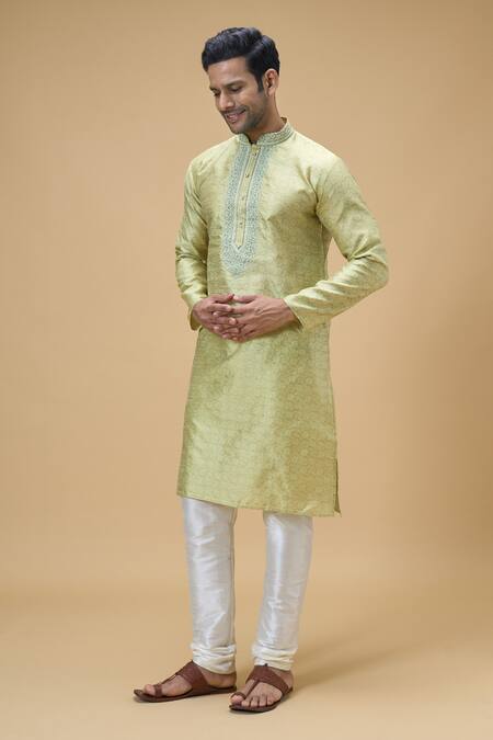 Shop_Arihant Rai Sinha_Green Jacquard, Silk Embroidery Straight Floral Pattern Kurta _Online_at_Aza_Fashions