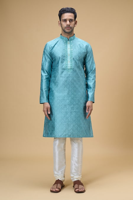 Arihant Rai Sinha_Blue Jacquard, Silk Embroidery Floral Mandala Pattern Kurta _Online_at_Aza_Fashions
