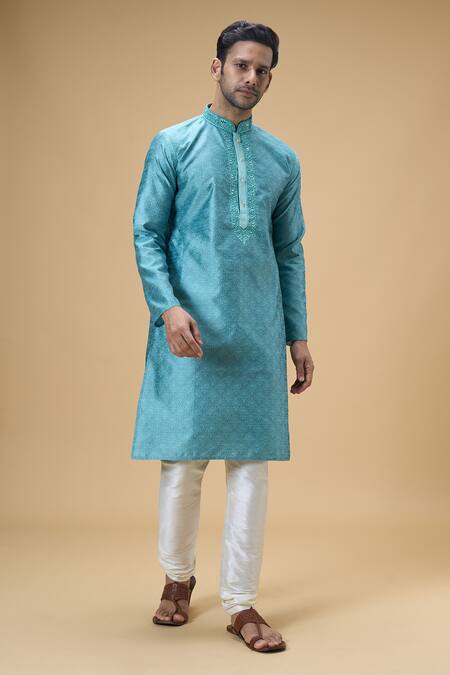 Buy_Arihant Rai Sinha_Blue Jacquard, Silk Embroidery Floral Mandala Pattern Kurta _Online_at_Aza_Fashions