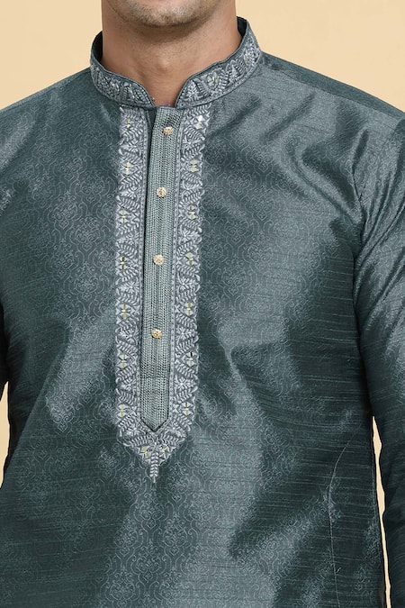 Arihant Rai Sinha_Grey Jacquard, Silk Straight Floral Mandala Pattern Kurta With Churidar _Online_at_Aza_Fashions