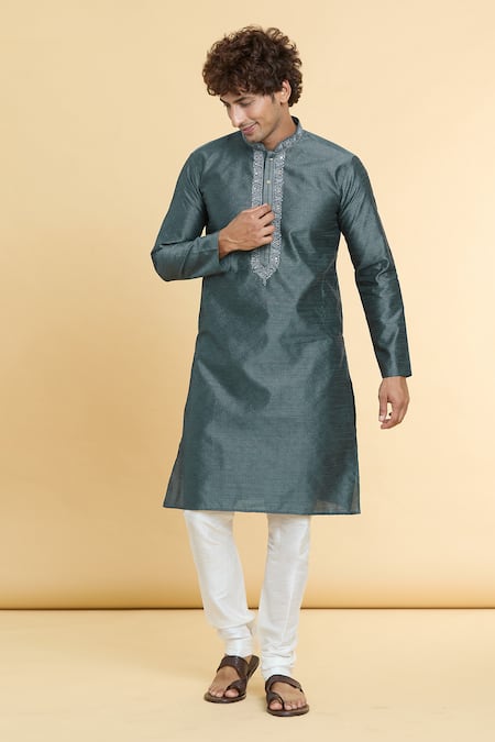 Buy_Arihant Rai Sinha_Grey Jacquard, Silk Straight Floral Mandala Pattern Kurta With Churidar _Online_at_Aza_Fashions
