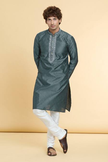 Shop_Arihant Rai Sinha_Grey Jacquard, Silk Straight Floral Mandala Pattern Kurta With Churidar _Online_at_Aza_Fashions