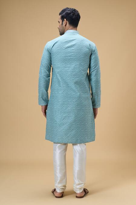 Arihant Rai Sinha Blue Jacquard, Silk Embroidery Flower Vine Pattern Kurta Online at Aza Fashions Arihant Rai Sinha_Blue Jacquard, Silk Embroidery Flower Vine Pattern Kurta _Online_at_Aza_Fashions