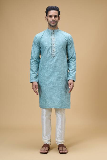 Buy Arihant Rai Sinha Blue Jacquard, Silk Embroidery Flower Vine Pattern Kurta Online at Aza Fashions Buy_Arihant Rai Sinha_Blue Jacquard, Silk Embroidery Flower Vine Pattern Kurta _Online_at_Aza_Fashions