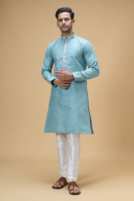 Shop Arihant Rai Sinha Blue Jacquard, Silk Embroidery Flower Vine Pattern Kurta Online at Aza Fashions Shop_Arihant Rai Sinha_Blue Jacquard, Silk Embroidery Flower Vine Pattern Kurta _Online_at_Aza_Fashions