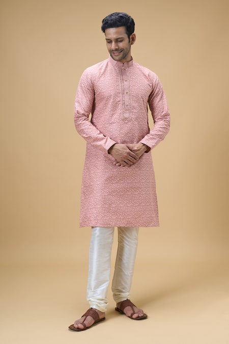 Arihant Rai Sinha Peach Jacquard, Silk Straight Flower Vine Pattern Kurta