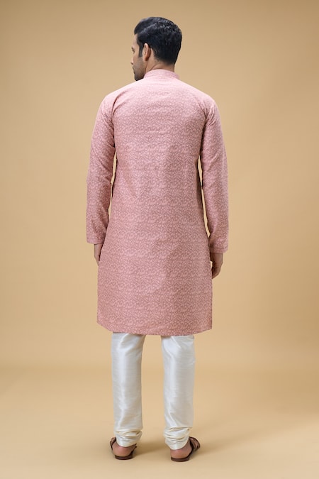 Shop Arihant Rai Sinha Peach Jacquard, Silk Straight Flower Vine Pattern Kurta at Aza Fashions Shop_Arihant Rai Sinha_Peach Jacquard, Silk Straight Flower Vine Pattern Kurta _at_Aza_Fashions