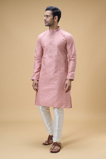 Buy Arihant Rai Sinha Peach Jacquard, Silk Straight Flower Vine Pattern Kurta Online at Aza Fashions Buy_Arihant Rai Sinha_Peach Jacquard, Silk Straight Flower Vine Pattern Kurta _Online_at_Aza_Fashions