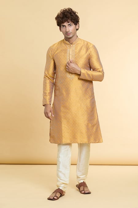 Arihant Rai Sinha Gold Kurta Jacquard Art Silk Woven Floral Geometric Pattern With Churidar 