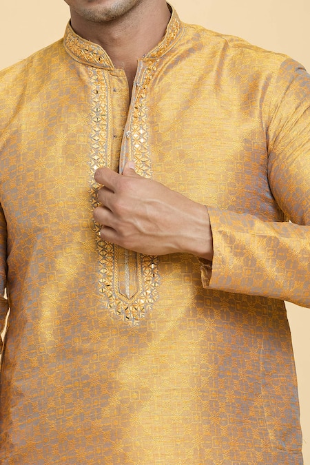 Arihant Rai Sinha_Gold Jacquard, Silk, Denim Mirrors Floral Geometric Pattern Kurta With Churidar _Online_at_Aza_Fashions