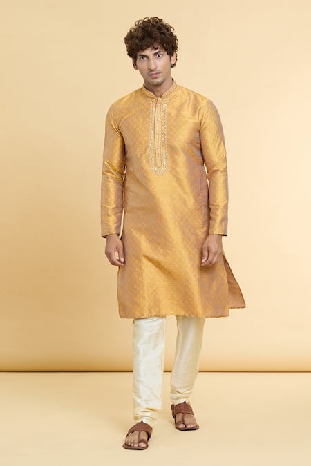 Buy_Arihant Rai Sinha_Gold Jacquard, Silk, Denim Mirrors Floral Geometric Pattern Kurta With Churidar _Online_at_Aza_Fashions
