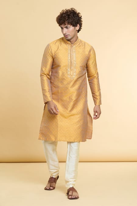 Shop_Arihant Rai Sinha_Gold Jacquard, Silk, Denim Mirrors Floral Geometric Pattern Kurta With Churidar _Online_at_Aza_Fashions