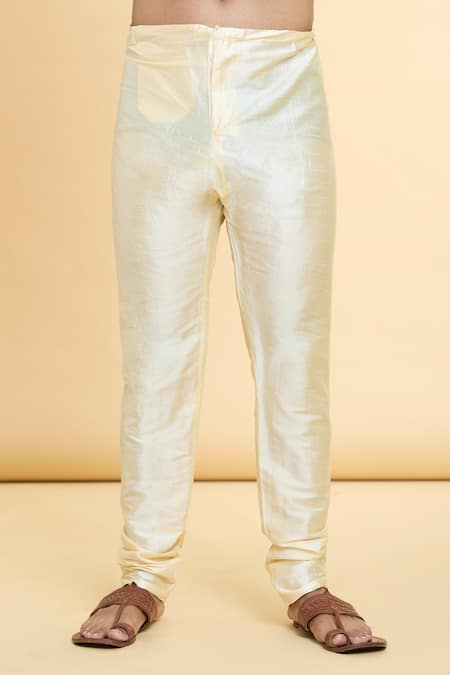 Arihant Rai Sinha_Gold Jacquard, Silk, Denim Mirrors Floral Geometric Pattern Kurta With Churidar _at_Aza_Fashions