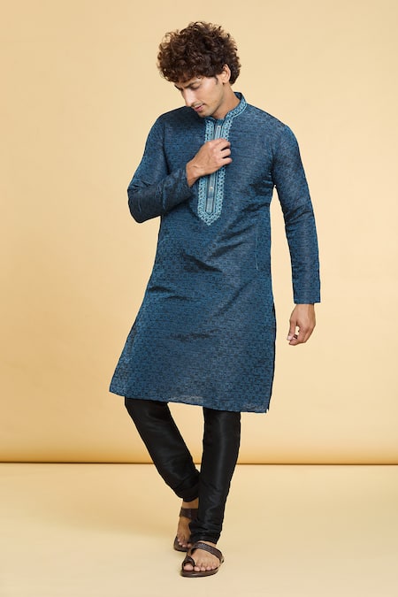 Arihant Rai Sinha Blue Jacquard, Silk Straight Floral Geometric Pattern Kurta With Churidar 