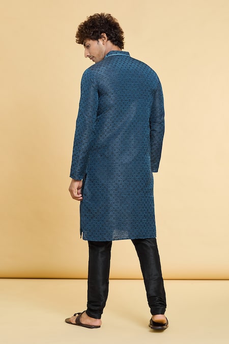Shop Arihant Rai Sinha Blue Jacquard, Silk Straight Floral Geometric Pattern Kurta With Churidar at Aza Fashions Shop_Arihant Rai Sinha_Blue Jacquard, Silk Straight Floral Geometric Pattern Kurta With Churidar _at_Aza_Fashions