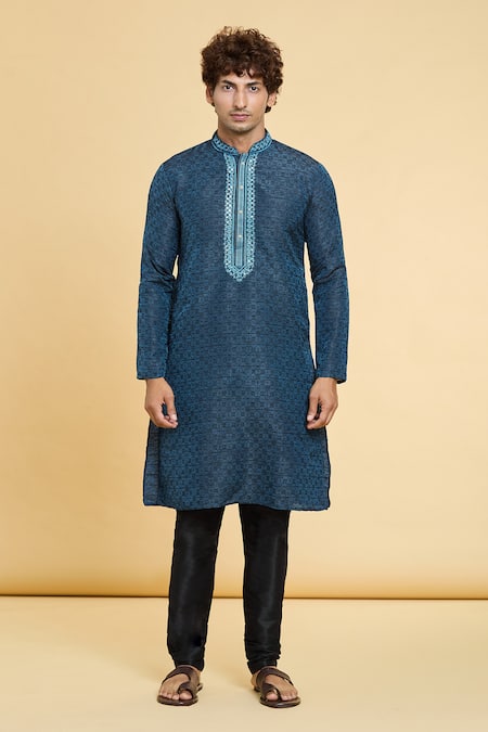 Arihant Rai Sinha Blue Jacquard, Silk Straight Floral Geometric Pattern Kurta With Churidar Online at Aza Fashions Arihant Rai Sinha_Blue Jacquard, Silk Straight Floral Geometric Pattern Kurta With Churidar _Online_at_Aza_Fashions