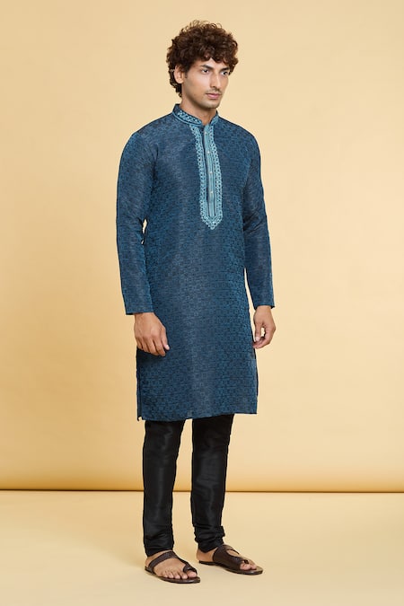 Buy Arihant Rai Sinha Blue Jacquard, Silk Straight Floral Geometric Pattern Kurta With Churidar Online at Aza Fashions Buy_Arihant Rai Sinha_Blue Jacquard, Silk Straight Floral Geometric Pattern Kurta With Churidar _Online_at_Aza_Fashions