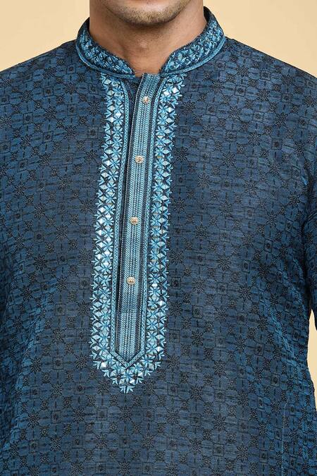 Shop Arihant Rai Sinha Blue Jacquard, Silk Straight Floral Geometric Pattern Kurta With Churidar Online at Aza Fashions Shop_Arihant Rai Sinha_Blue Jacquard, Silk Straight Floral Geometric Pattern Kurta With Churidar _Online_at_Aza_Fashions