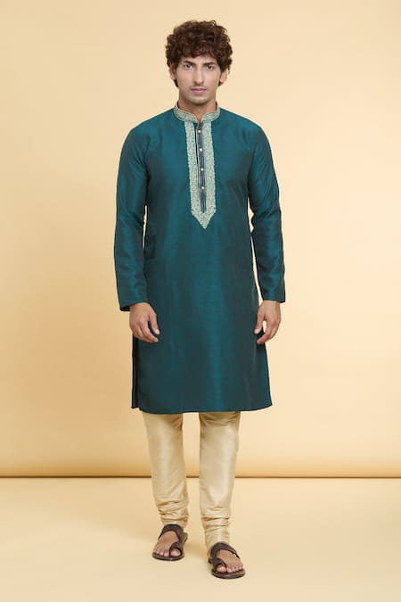 Arihant Rai Sinha_Green Jacquard, Silk Embroidery Geometric Pattern Kurta _Online_at_Aza_Fashions