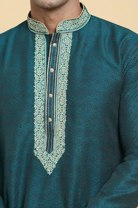 Shop_Arihant Rai Sinha_Green Jacquard, Silk Embroidery Geometric Pattern Kurta _Online_at_Aza_Fashions