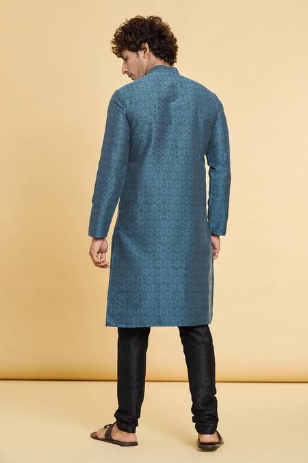 Shop_Arihant Rai Sinha_Blue Jacquard, Silk Embroidery Floret Geometric Pattern Kurta _at_Aza_Fashions