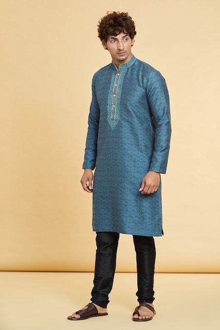 Arihant Rai Sinha_Blue Jacquard, Silk Embroidery Floret Geometric Pattern Kurta _Online_at_Aza_Fashions