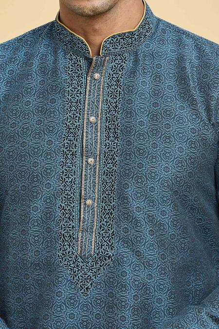 Buy_Arihant Rai Sinha_Blue Jacquard, Silk Embroidery Floret Geometric Pattern Kurta _Online_at_Aza_Fashions