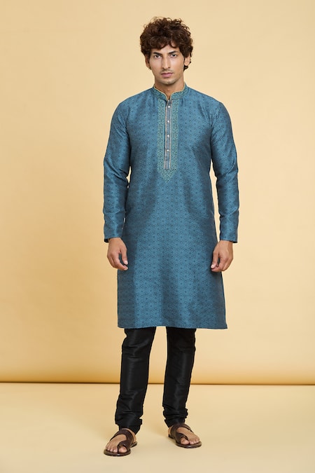 Shop_Arihant Rai Sinha_Blue Jacquard, Silk Embroidery Floret Geometric Pattern Kurta _Online_at_Aza_Fashions