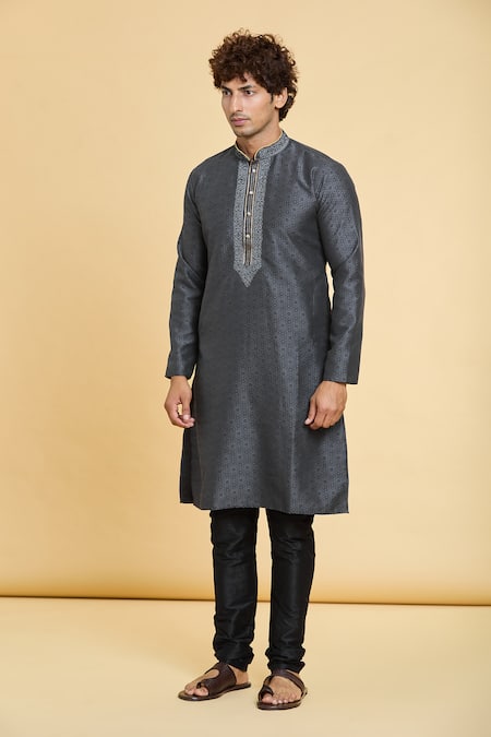 Arihant Rai Sinha Black Jacquard, Silk Embroidery Floral Blossom Pattern Kurta Online at Aza Fashions Arihant Rai Sinha_Black Jacquard, Silk Embroidery Floral Blossom Pattern Kurta _Online_at_Aza_Fashions