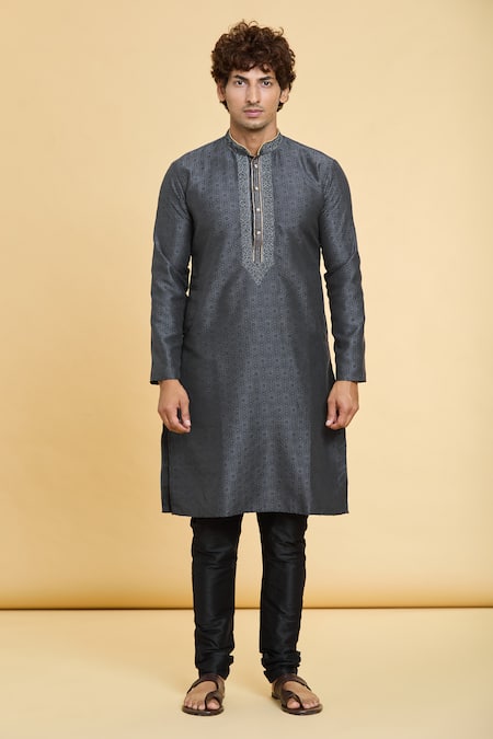 Shop Arihant Rai Sinha Black Jacquard, Silk Embroidery Floral Blossom Pattern Kurta Online at Aza Fashions Shop_Arihant Rai Sinha_Black Jacquard, Silk Embroidery Floral Blossom Pattern Kurta _Online_at_Aza_Fashions