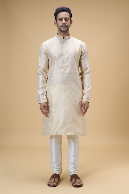 Arihant Rai Sinha_Cream Jacquard, Silk Embroidery Bloom Art Woven Kurta With Churidar _Online_at_Aza_Fashions