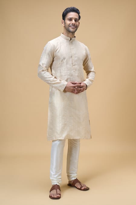 Buy_Arihant Rai Sinha_Cream Jacquard, Silk Embroidery Bloom Art Woven Kurta With Churidar _Online_at_Aza_Fashions