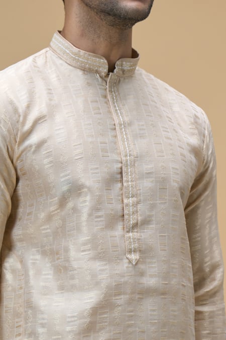 Shop_Arihant Rai Sinha_Cream Jacquard, Silk Embroidery Bloom Art Woven Kurta With Churidar _Online_at_Aza_Fashions
