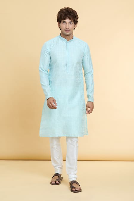 Arihant Rai Sinha_Blue Jacquard, Silk, Cotton Embroidery Flora Art Woven Kurta With Churidar _Online_at_Aza_Fashions