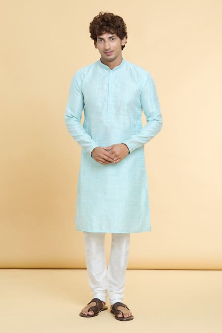 Buy_Arihant Rai Sinha_Blue Jacquard, Silk, Cotton Embroidery Flora Art Woven Kurta With Churidar _Online_at_Aza_Fashions