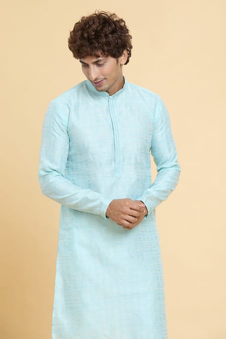 Shop_Arihant Rai Sinha_Blue Jacquard, Silk, Cotton Embroidery Flora Art Woven Kurta With Churidar _Online_at_Aza_Fashions
