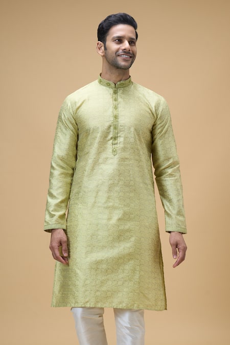 Arihant Rai Sinha_Green Jacquard, Silk Embroidery, Mirrors Floral Bloom Woven Kurta With Churidar _at_Aza_Fashions